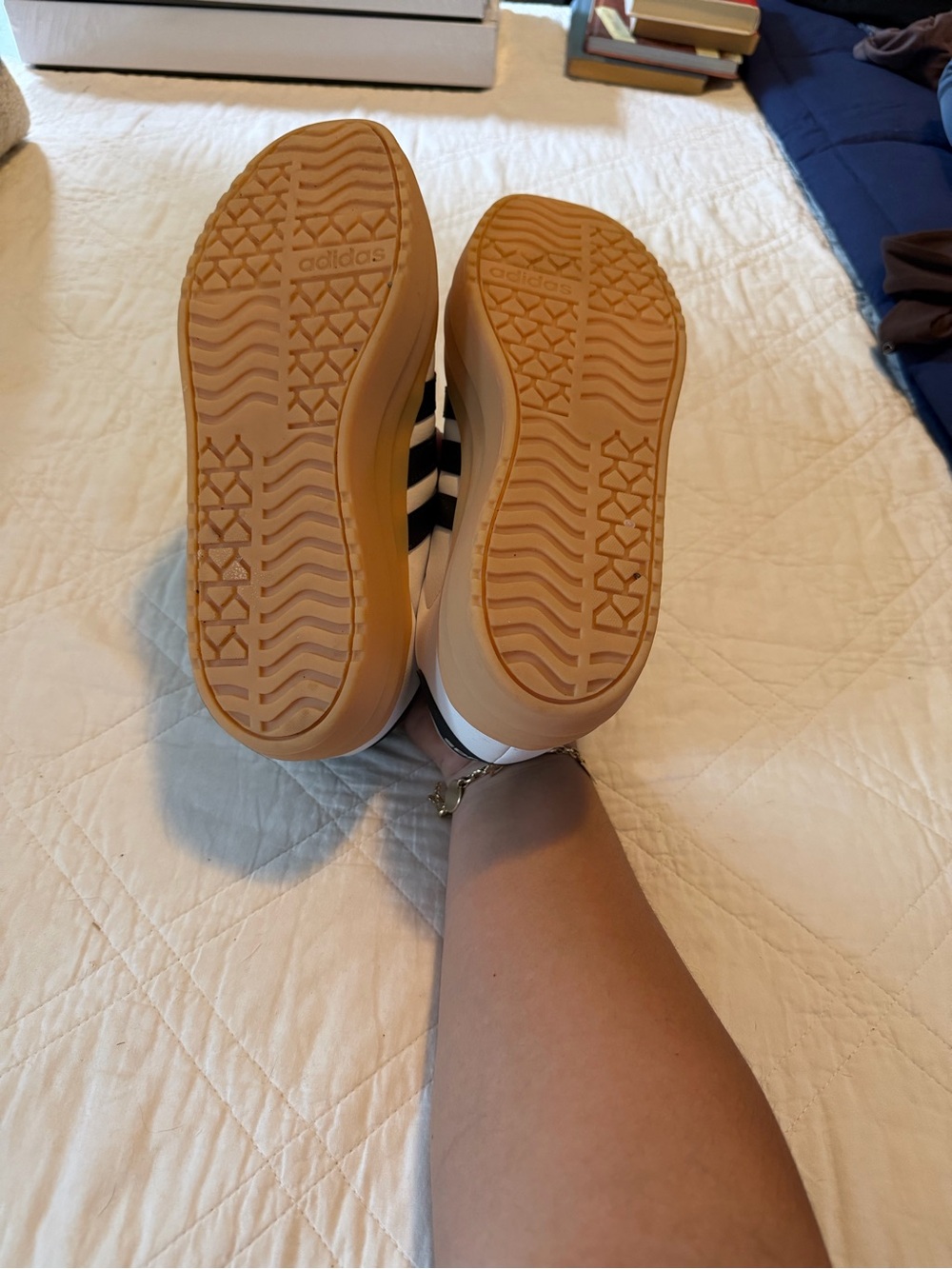 adidas Women's White Sneakers with Black Stripes and Gum Sole - Picture 3 of 4